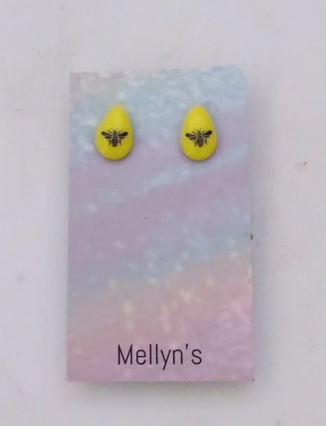 Yellow Fused Glass Teardrop Shaped Bee Post Earrings Wholesale