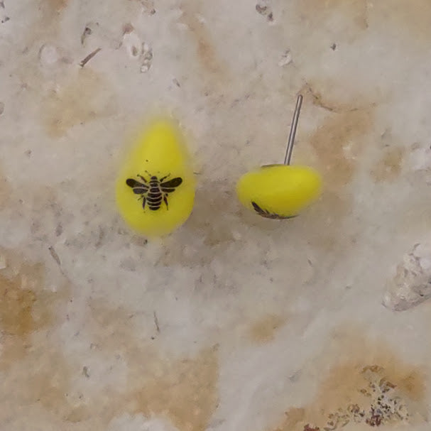 Yellow Fused Glass Teardrop Shaped Bee Post Earrings Wholesale