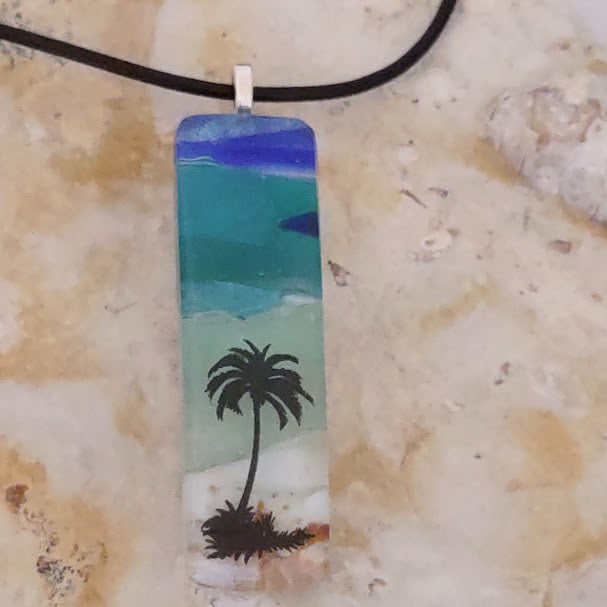 Fused Glass Striped Blue and Greens Palm Tree Pendant Handmade