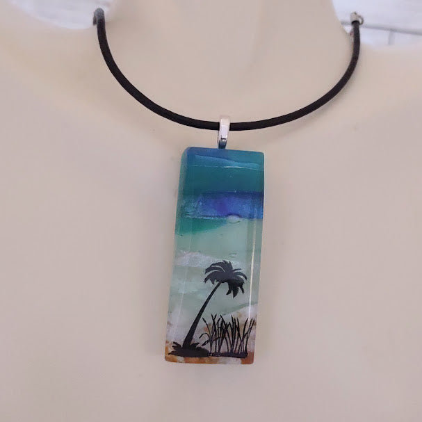 Fused Glass Striped Blue and Greens Palm Tree in the Sand Pendant