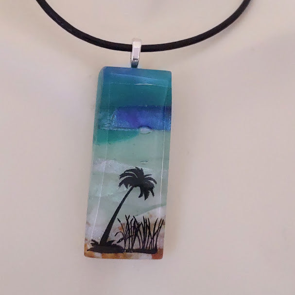 Fused Glass Striped Blue and Greens Palm Tree in the Sand Pendant