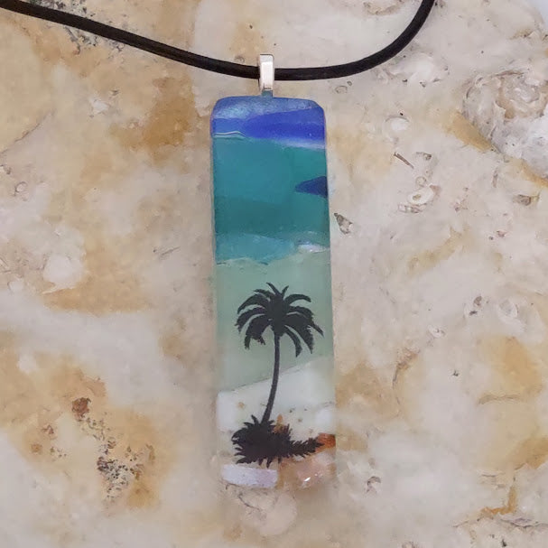 Fused Glass Striped Blue and Greens Palm Tree Pendant Handmade