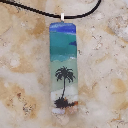 Fused Glass Striped Blue and Greens Palm Tree Pendant Handmade