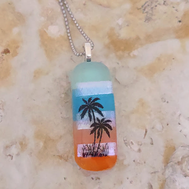 Fused Glass Striped Palm Tree Pendant Handmade