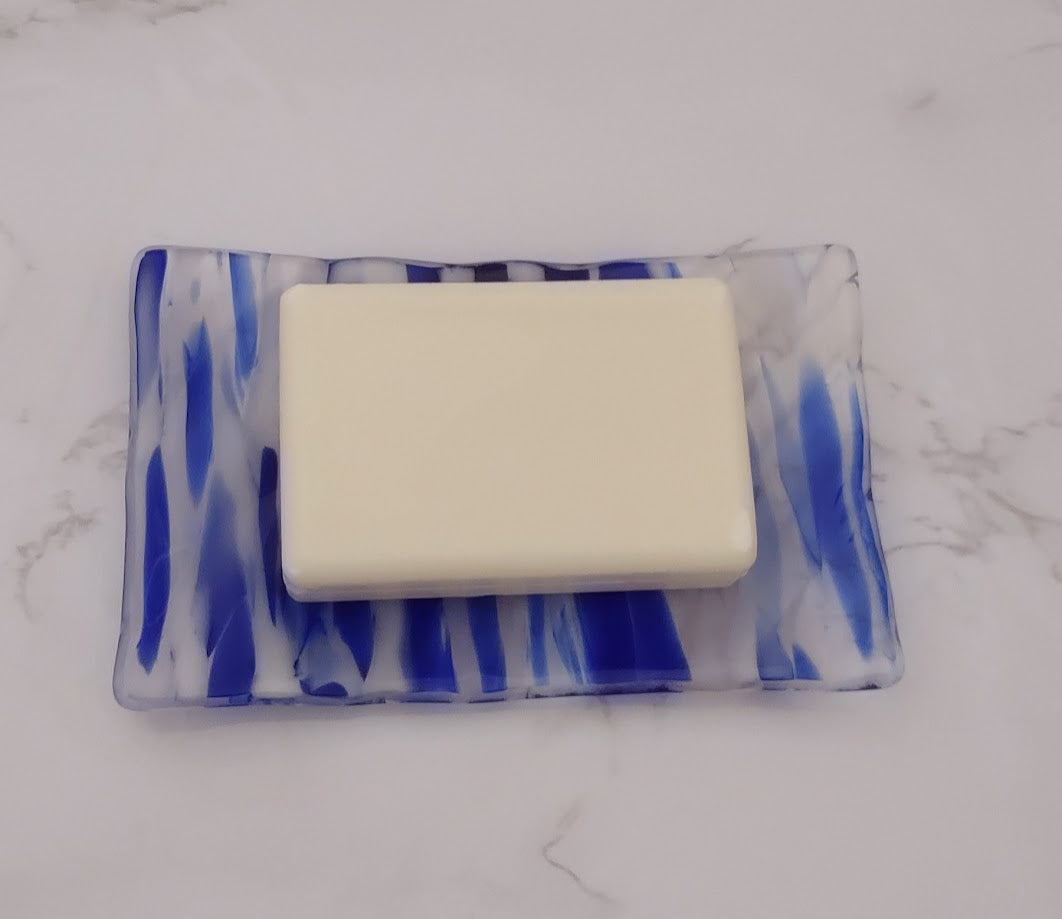 Fused Glass Clear, Blue, and White Soap Dish