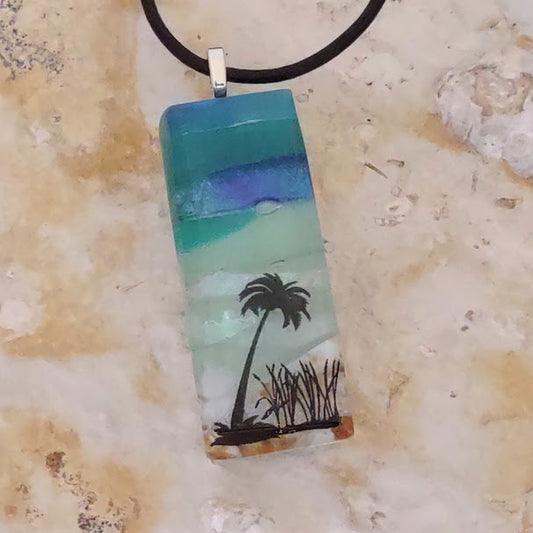 Fused Glass Striped Blue and Greens Palm Tree in the Sand Pendant