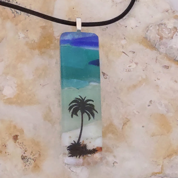 Fused Glass Striped Blue and Greens Palm Tree Pendant Handmade