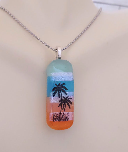 Fused Glass Striped Palm Tree Pendant Handmade