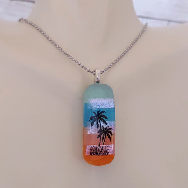 Fused Glass Striped Palm Tree Pendant Handmade
