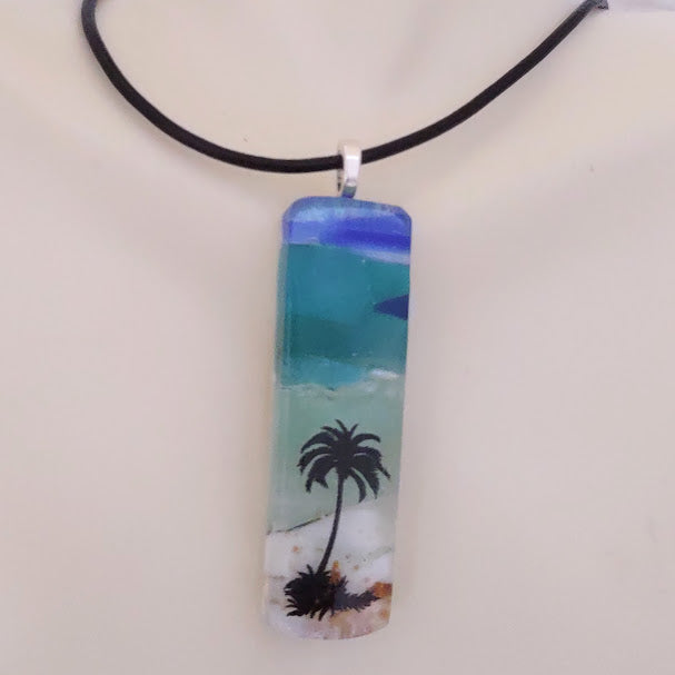 Fused Glass Striped Blue and Greens Palm Tree Pendant Handmade