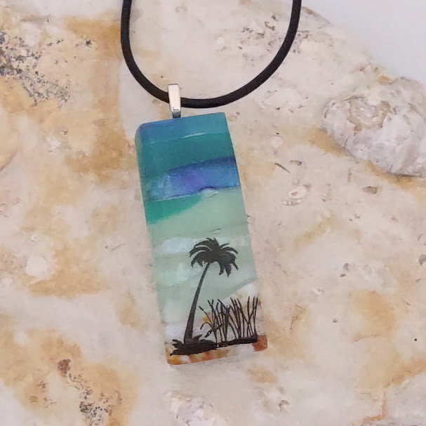 Fused Glass Striped Blue and Greens Palm Tree in the Sand Pendant