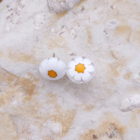 Fused Glass White Murrini Daisy Post Earrings
