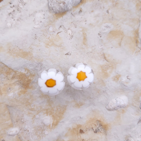 Fused Glass White Murrini Daisy Post Earrings