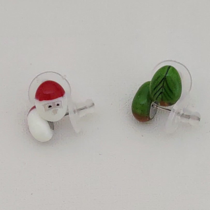 Fused Glass Murrini/Millefiori Christmas Post Earrings, Pair of 2, Santa Post Earrings, Tree Post Earrings