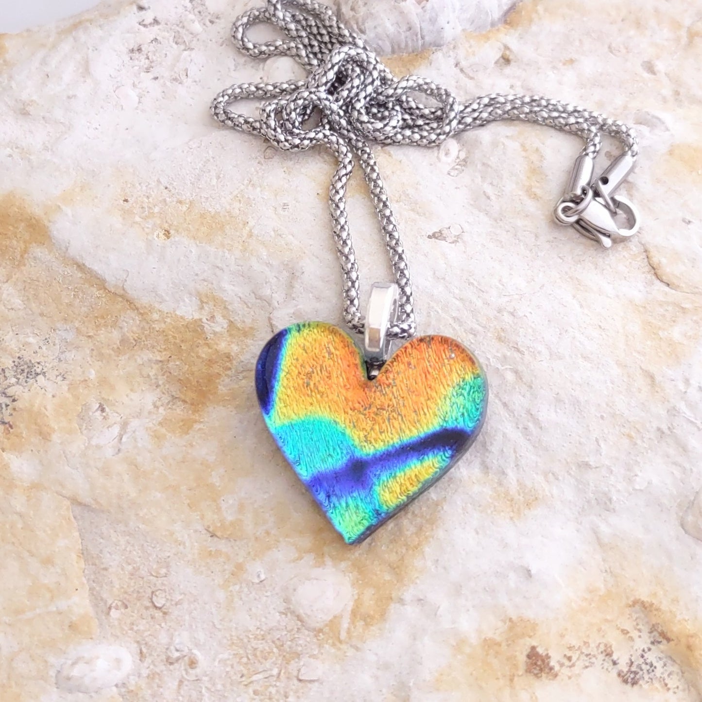 Dichroic Heart Shaped Pendant with Mesh Chain