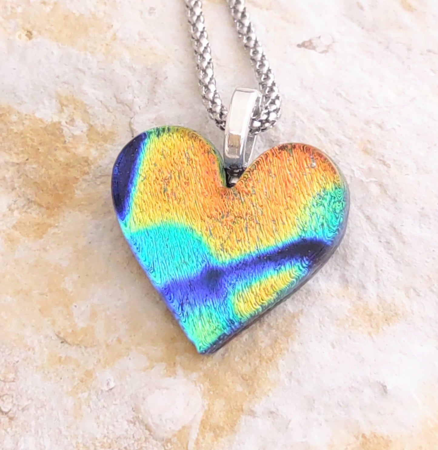 Dichroic Heart Shaped Pendant with Mesh Chain