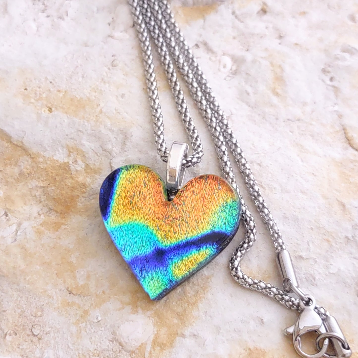 Dichroic Heart Shaped Pendant with Mesh Chain