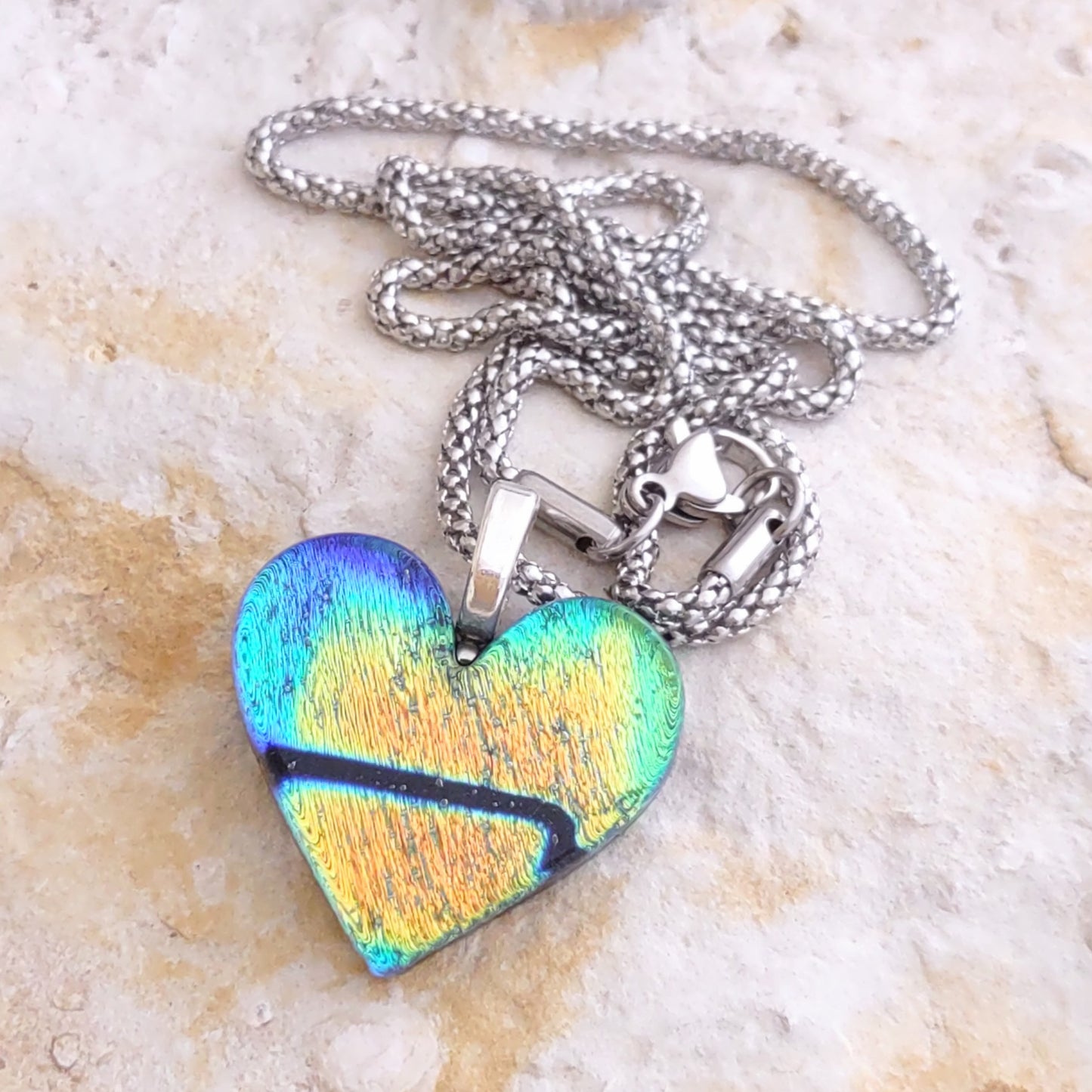 Heart Shaped Fused Glass Dichroic Pendant with Mesh Chain