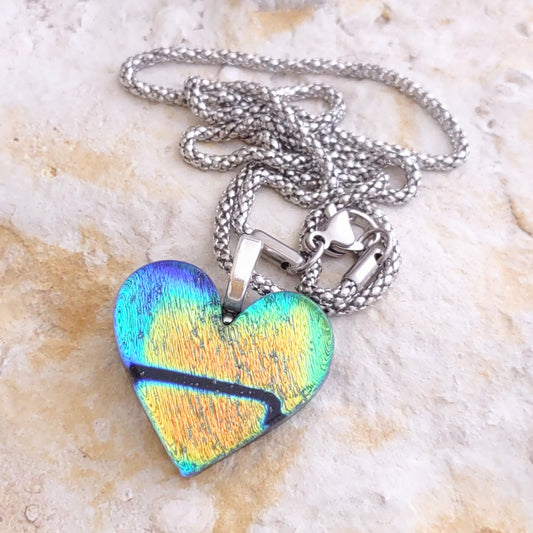 Heart Shaped Fused Glass Dichroic Pendant with Mesh Chain