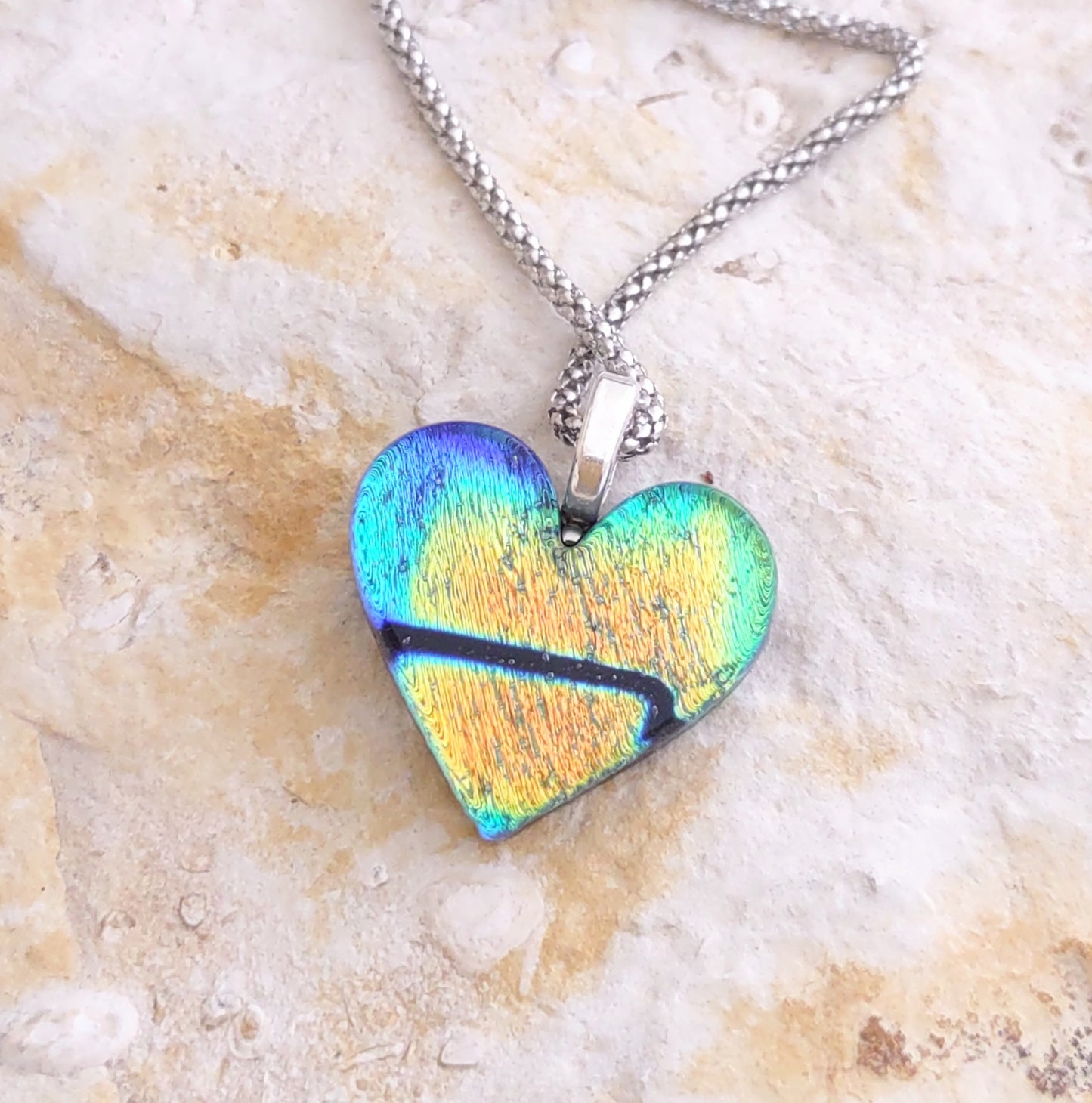 Heart Shaped Fused Glass Dichroic Pendant with Mesh Chain