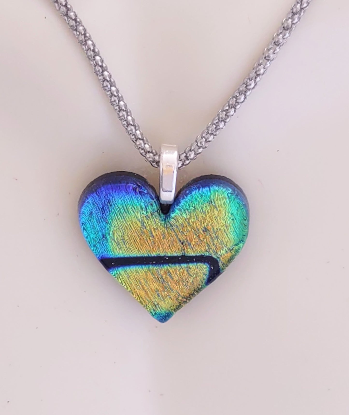 Heart Shaped Fused Glass Dichroic Pendant with Mesh Chain