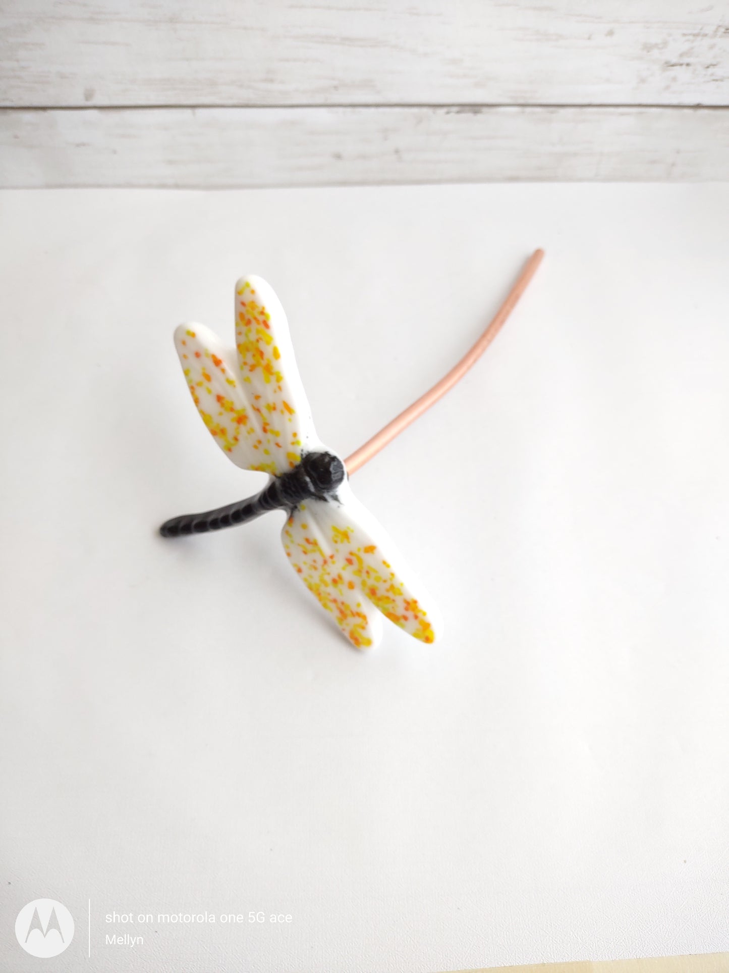 White with Yellow Fused Glass Dragonfly Plant Stake