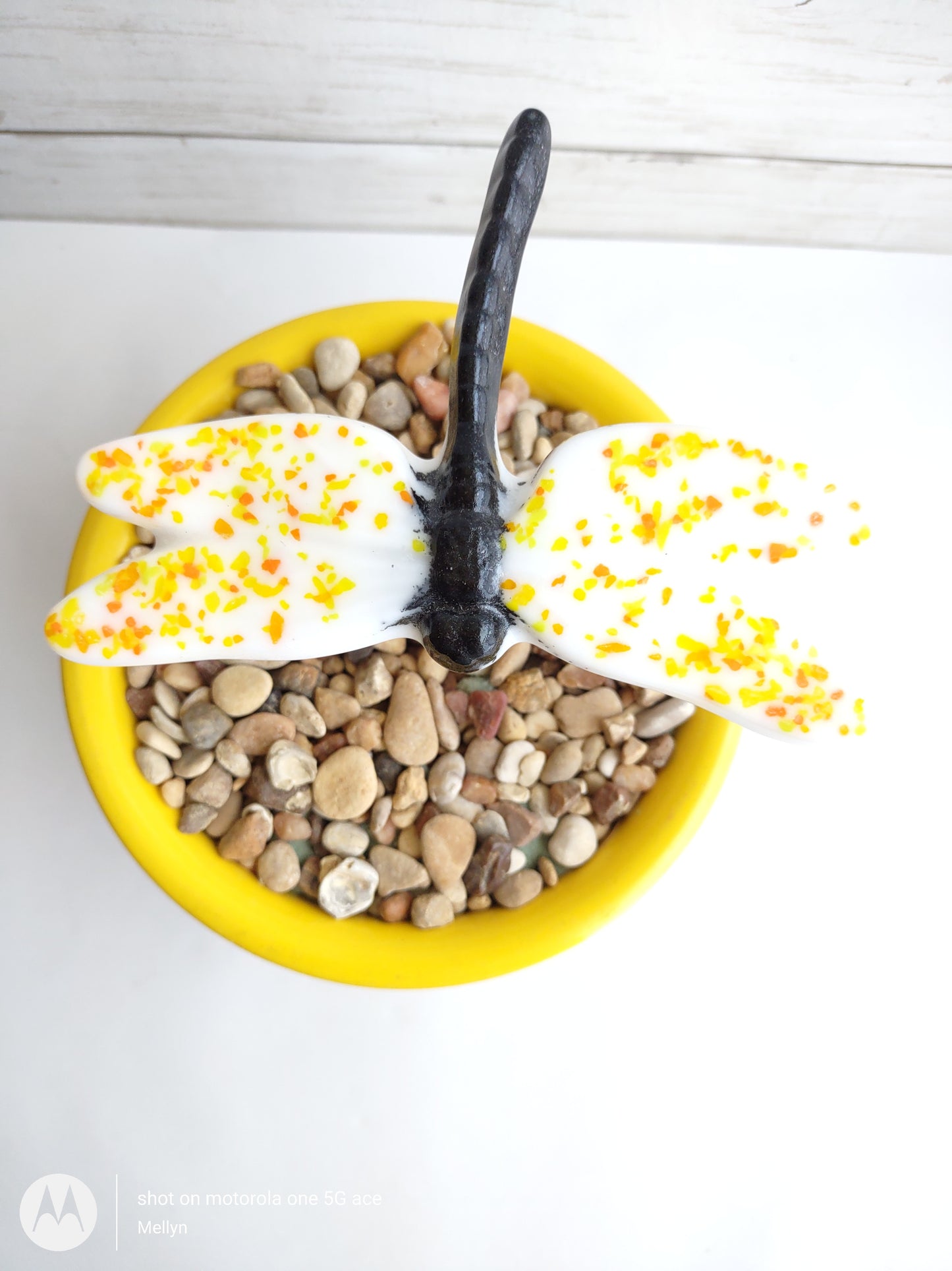 White with Yellow Fused Glass Dragonfly Plant Stake