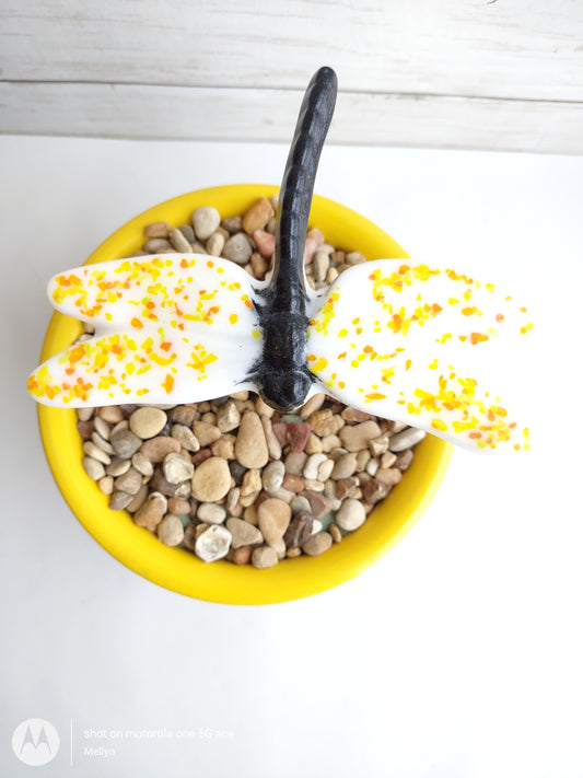 White with Yellow Fused Glass Dragonfly Plant Stake