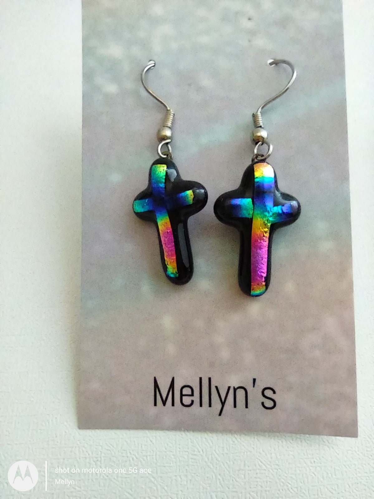 Dichroic Cross Fused Glass Dangle Earrings