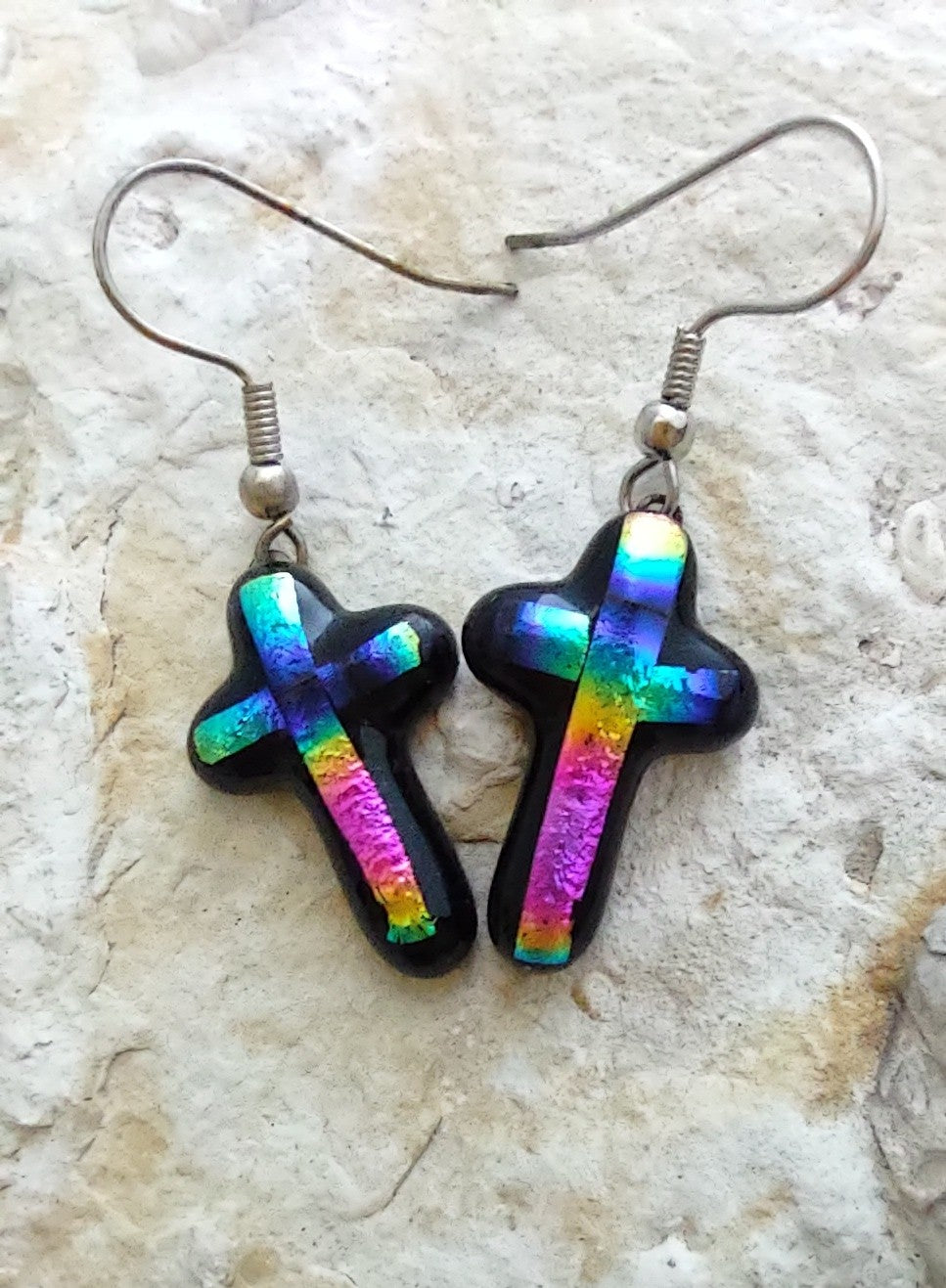 Dichroic Cross Fused Glass Dangle Earrings