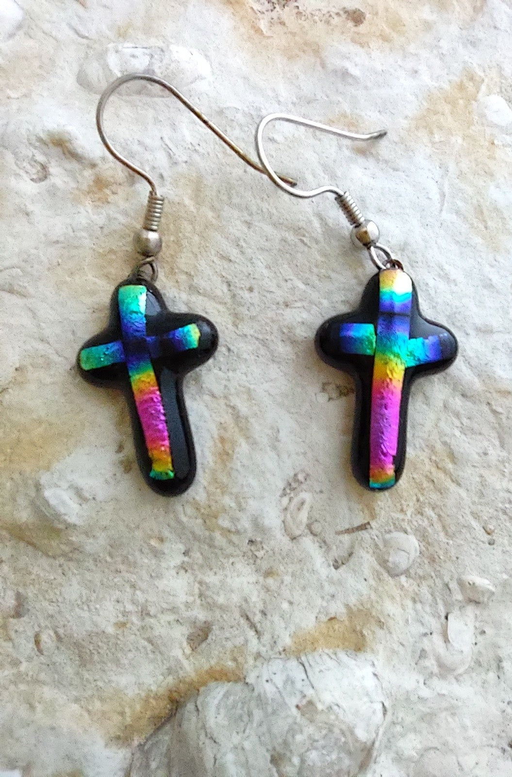 Dichroic Cross Fused Glass Dangle Earrings