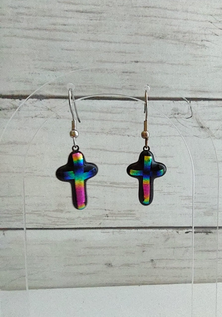 Dichroic Cross Fused Glass Dangle Earrings