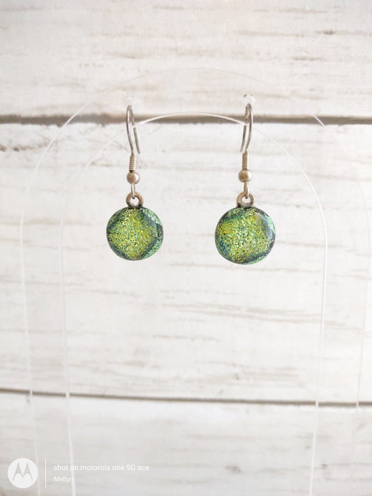 Green Dichroic Fused Glass Dangle Earrings