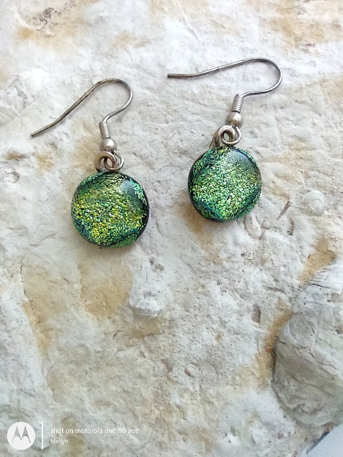 Green Dichroic Fused Glass Dangle Earrings