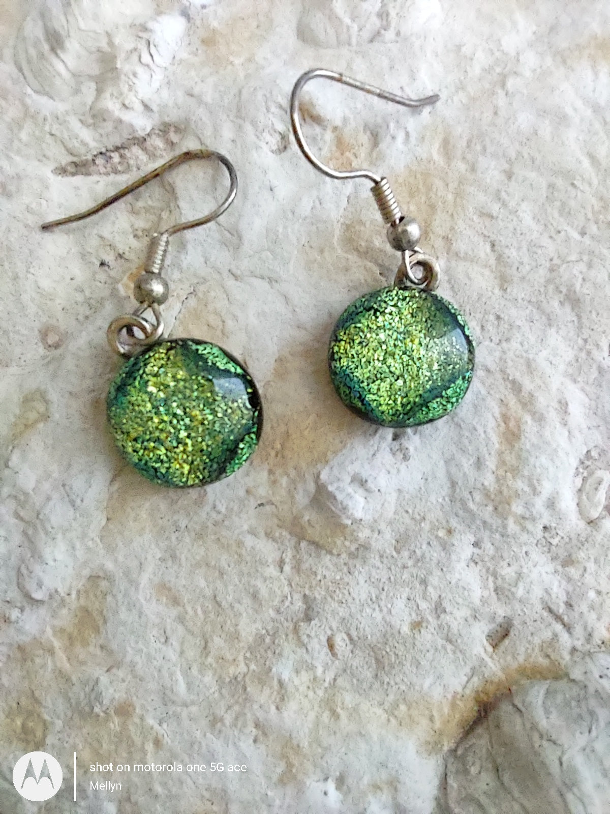 Green Dichroic Fused Glass Dangle Earrings