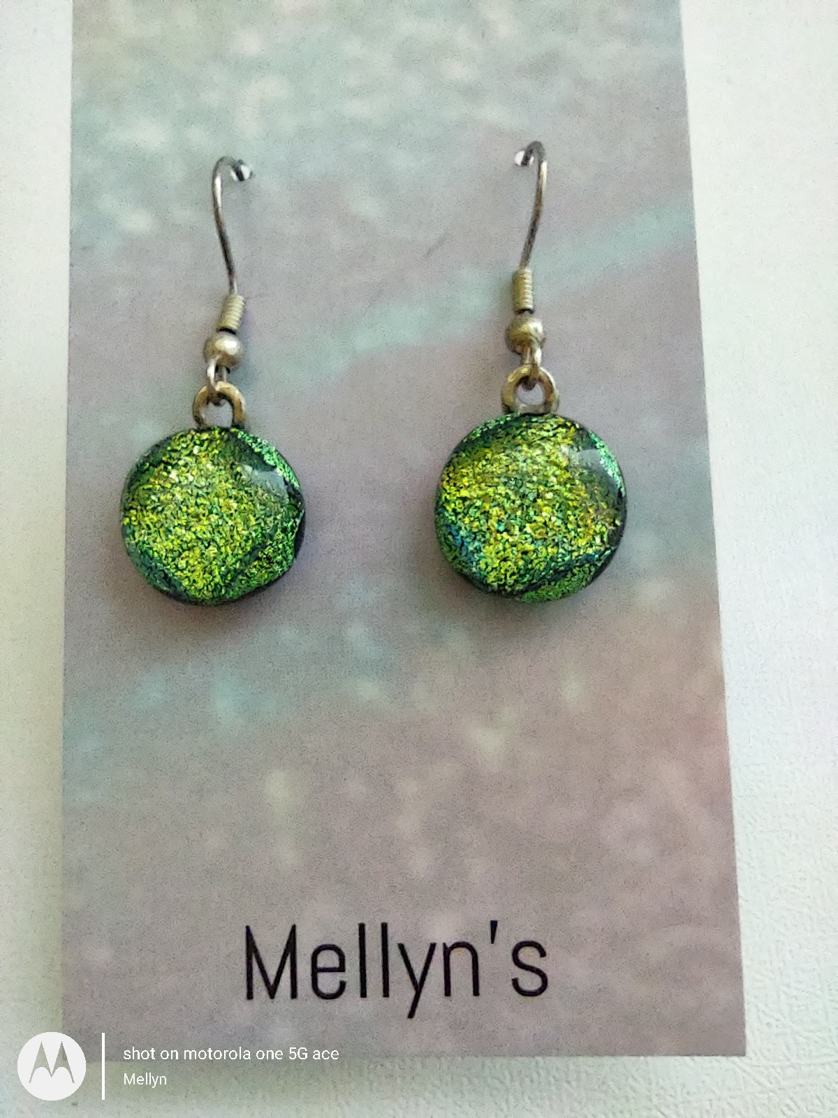 Green Dichroic Fused Glass Dangle Earrings