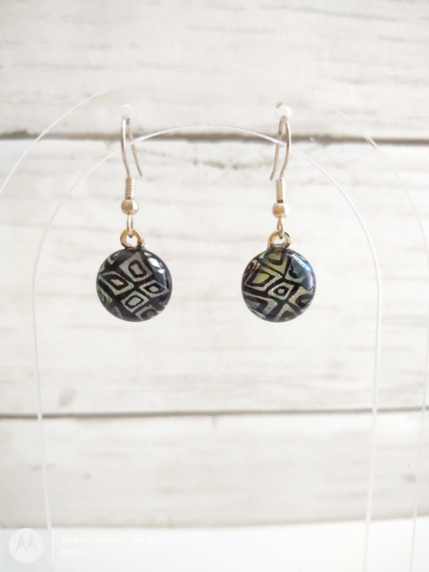 Diamond Pattern Dichroic Fused Glass Dangle Earrings