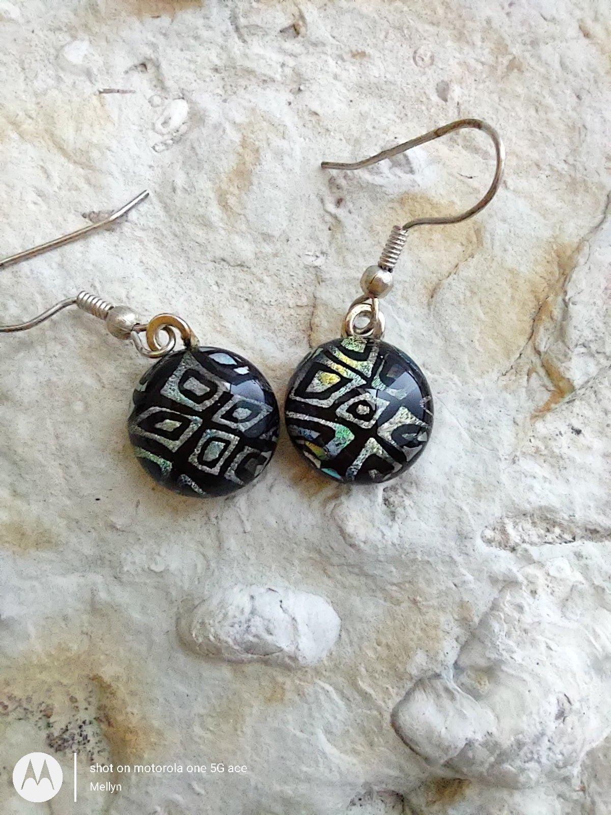 Diamond Pattern Dichroic Fused Glass Dangle Earrings