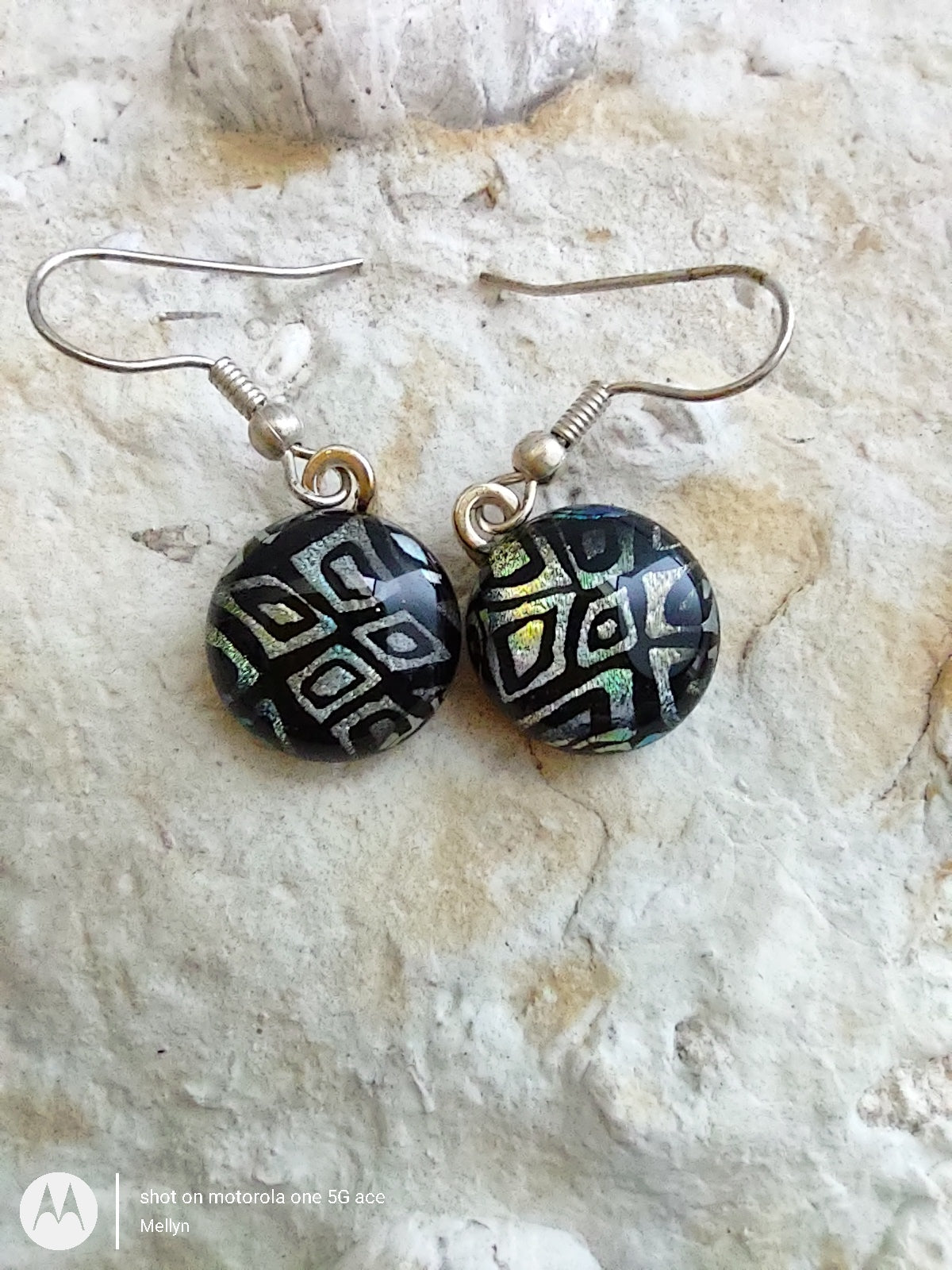 Diamond Pattern Dichroic Fused Glass Dangle Earrings