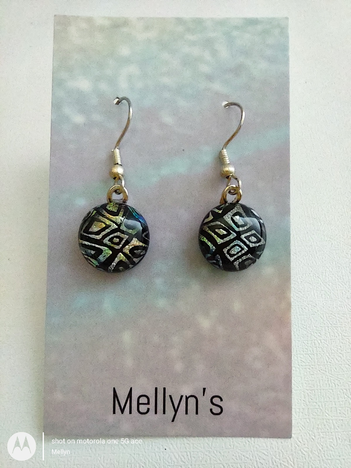 Diamond Pattern Dichroic Fused Glass Dangle Earrings