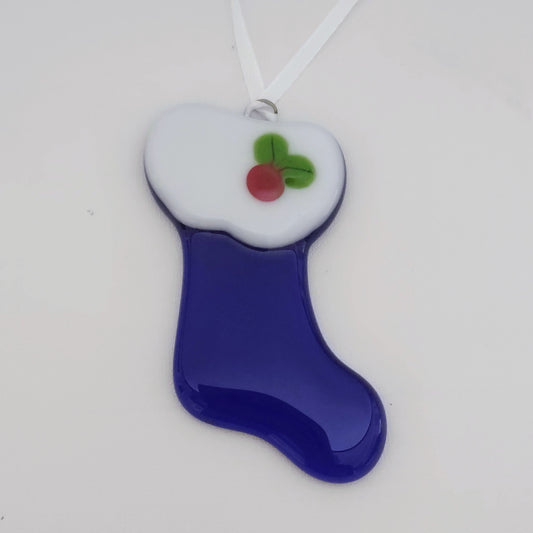Fused Glass Blue Christmas Stocking Ornament with Currant Year Charm