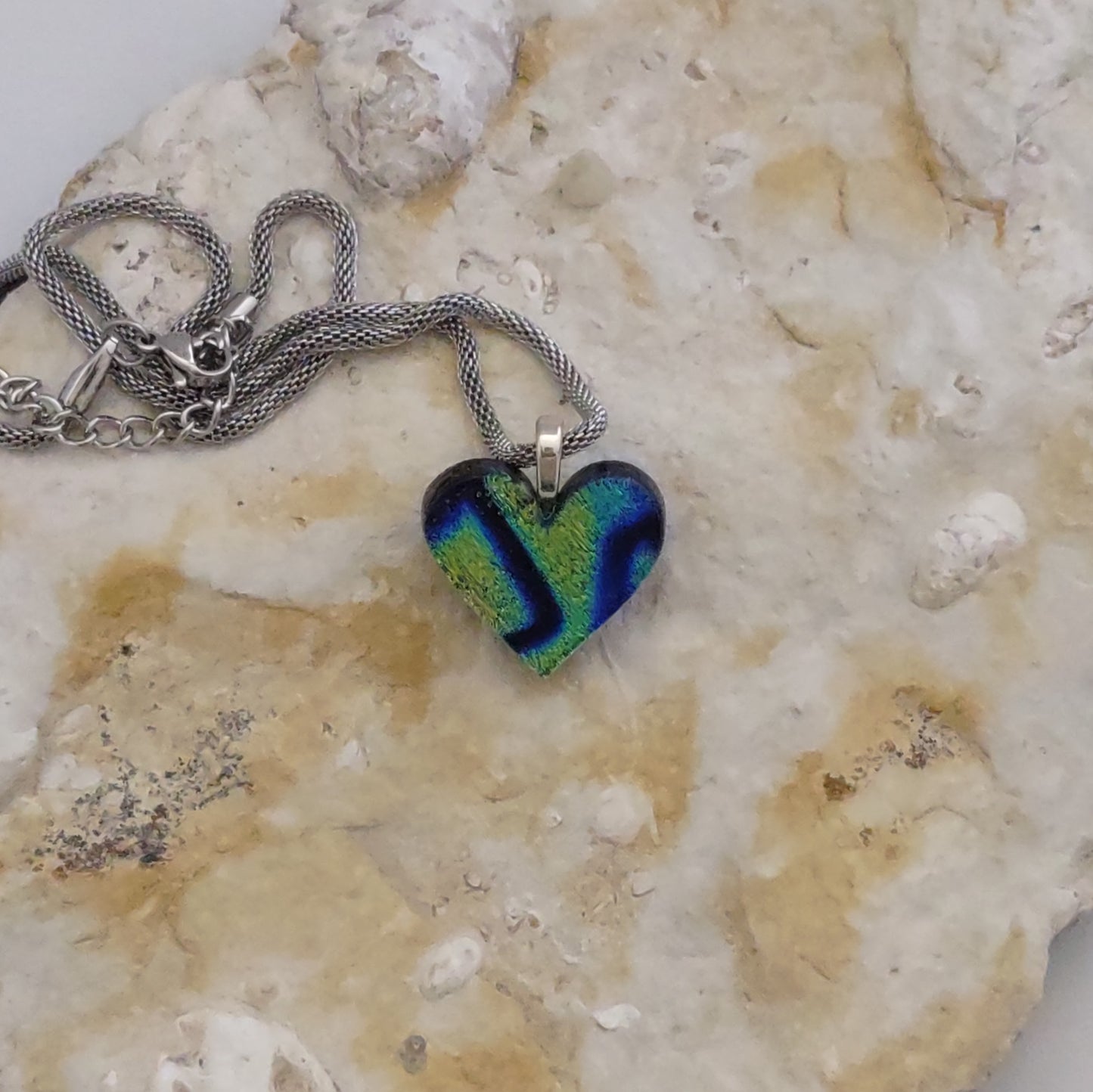 Blue Dichroic Heart Shaped Pendant with Mesh Chain