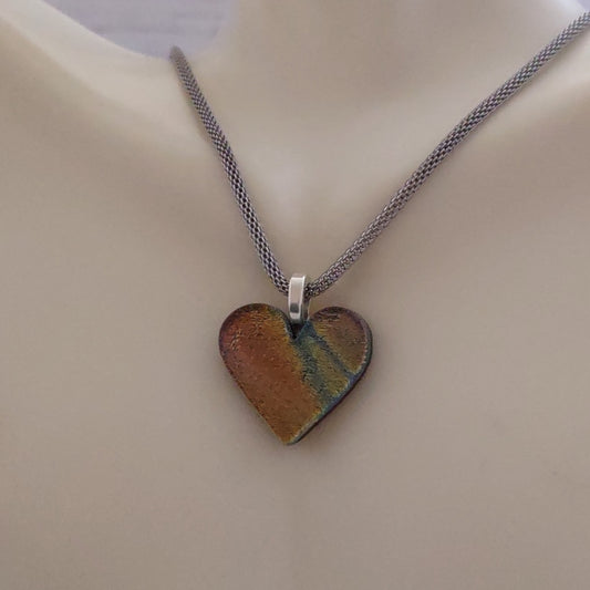 Multi-Color Dichroic Heart Shaped Pendant with Mesh Chain