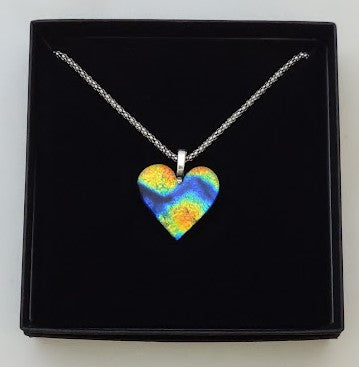 Blue and Orange Dichroic Heart Shaped Pendant with Mesh Chain