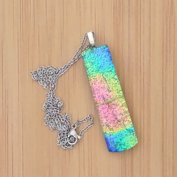 Fused Glass Multi-Color Dichroic Pendant with Yellow String Glass