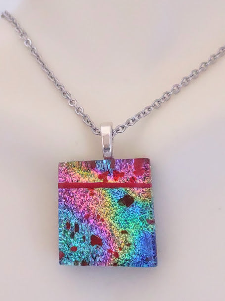Multicolored Fused Glass Dichroic Pendant with Red Glass Accents