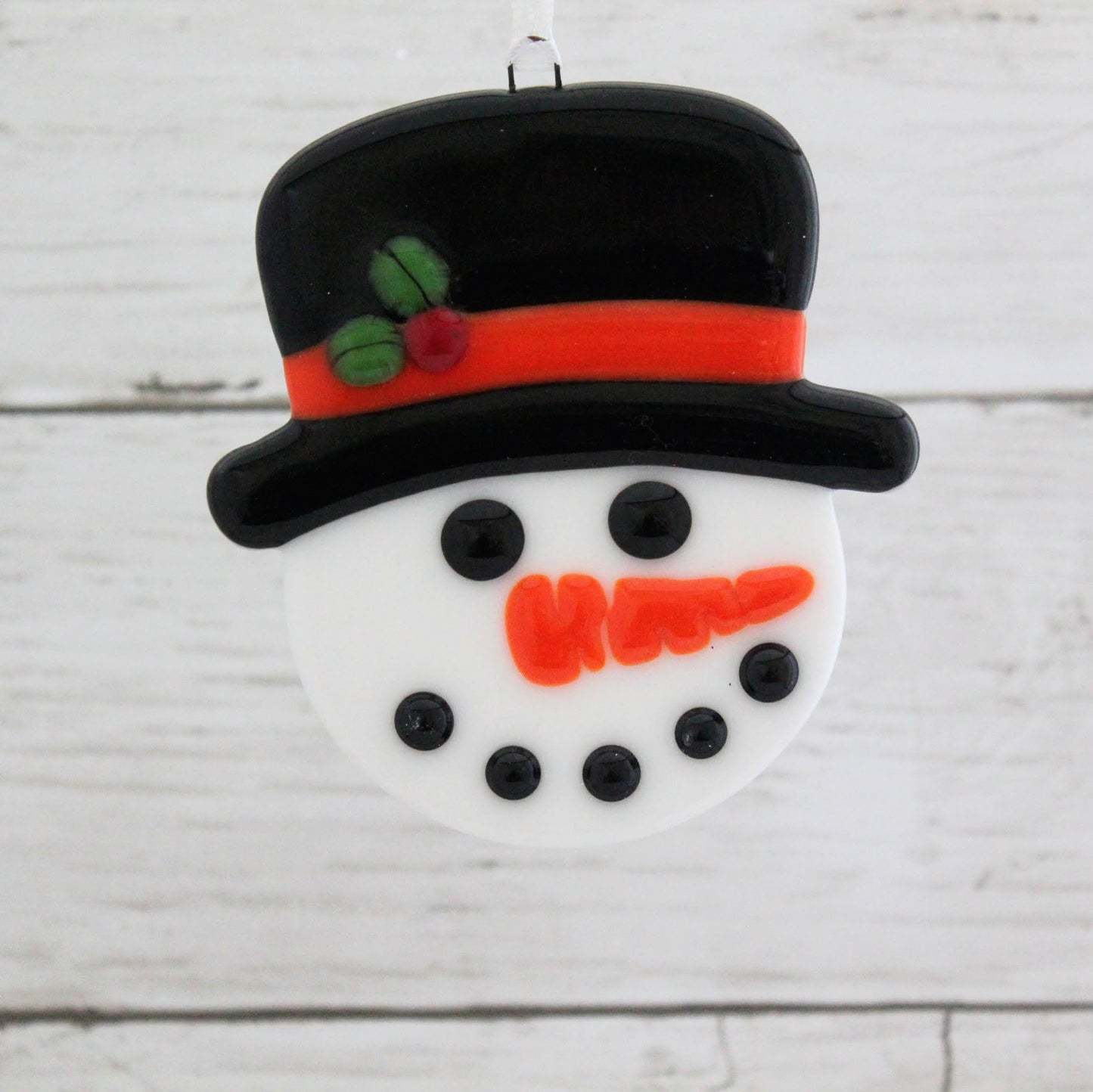 Snowman Christmas Tree Ornament, Fused Glass Snowman