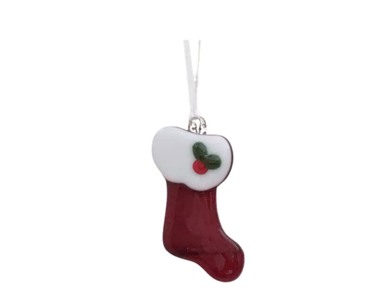 Fused Glass Red Christmas Stocking Ornament with Currant Year Charm