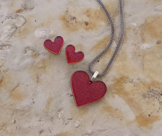 Red Dichroic Heart Shaped Pendant with Matching Post Earrings