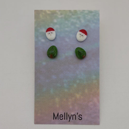Fused Glass Murrini/Millefiori Christmas Post Earrings, Pair of 2, Santa Post Earrings, Tree Post Earrings